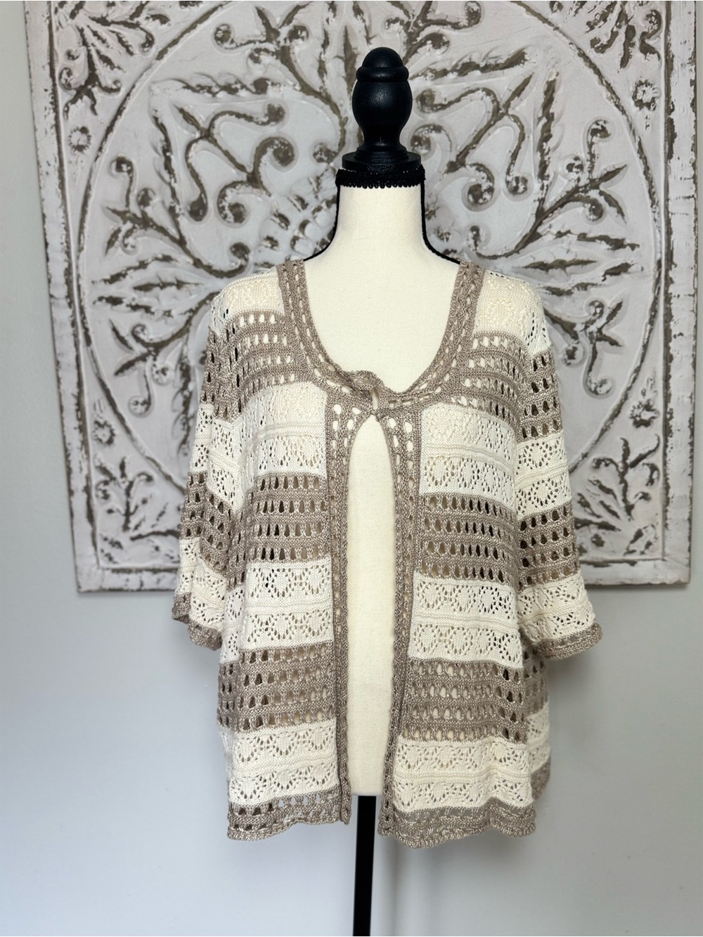 Open Knit Cardigan Crochet Stripe Boho Layering Top Size 22/24W